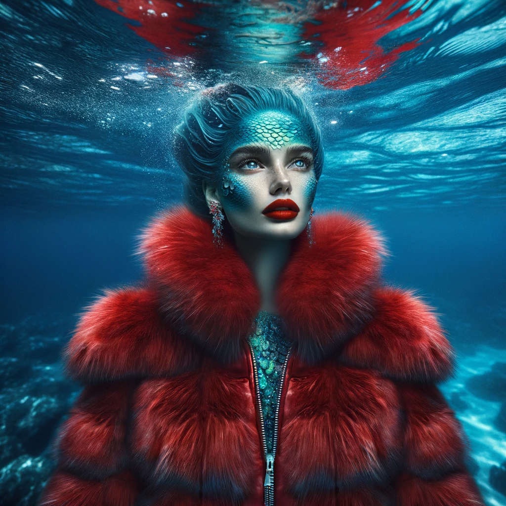 DALL·E 2023-10-25 13.08.49 - Photo-realistic depiction of a mermaid, her scales glistening under the water's surface. She sports a luxurious red faux mink jacket, which stands out.png