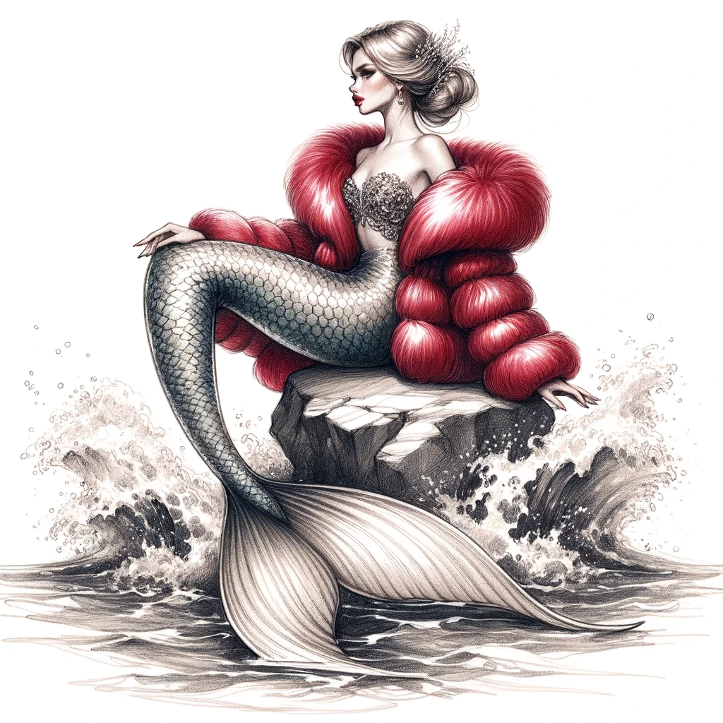 DALL·E 2023-10-25 12.40.20 - Drawing of a mermaid with a lustrous tail, sitting elegantly on a coastal rock. Draped over her shoulders is a plush red faux mink jacket, adding a to.png